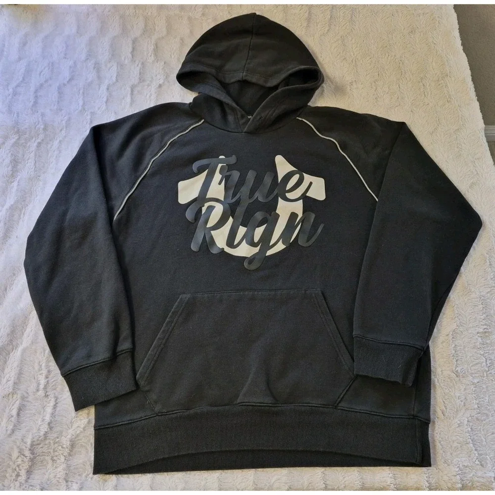 True Religion Pullover Hoodie Sweatshirt Men's Large Horse Shoe Spell Out Logo